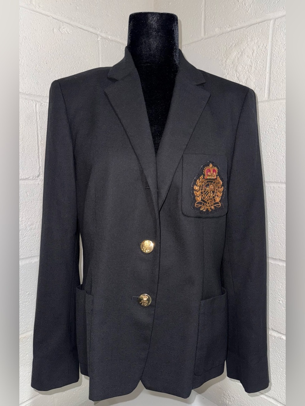 Lauren Ralph Lauren Black 100% Wool Crest Blazer Gold Button Vintage Preppy 12